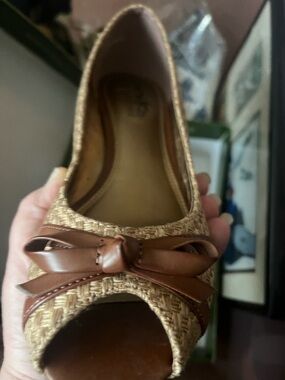 Coach and Four Tan Woven Peep-Toe Flats with Brown Bow